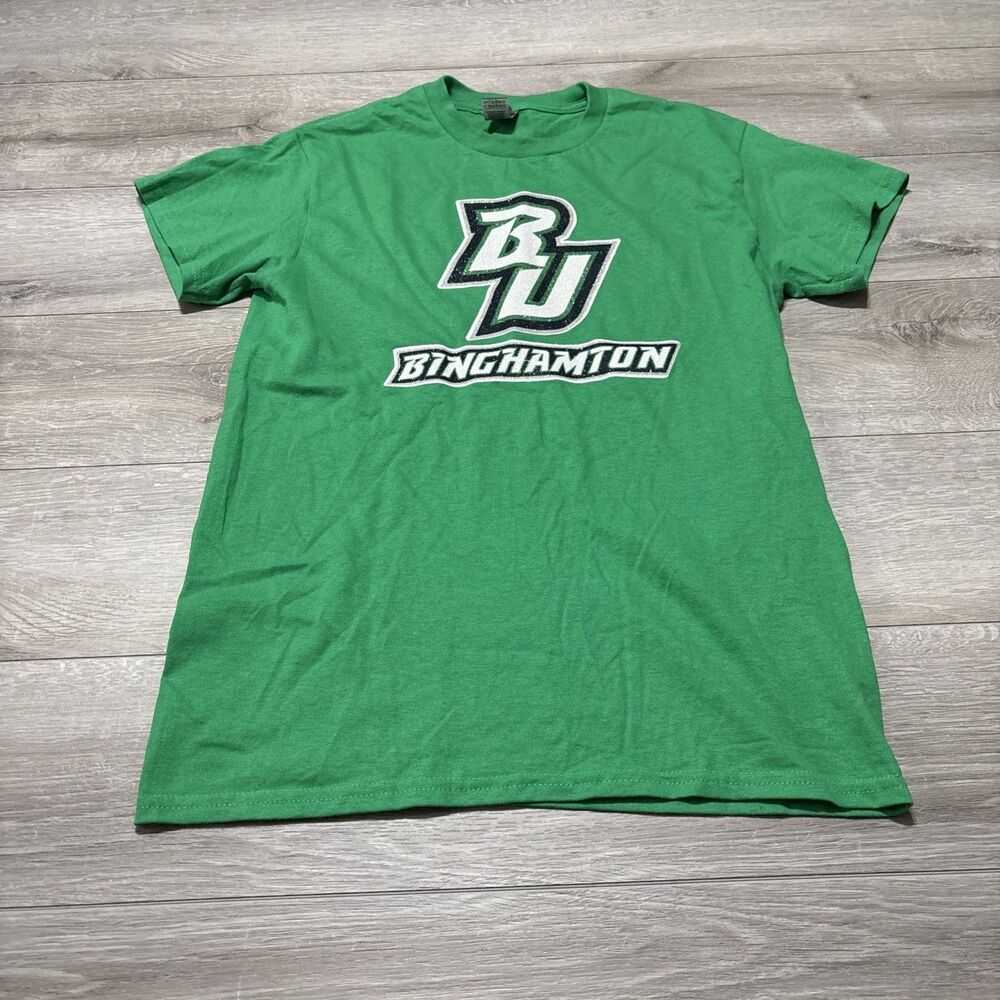BU Binghamton University SUNY Gildan Green SS T Shirt Glitter College Logo Small